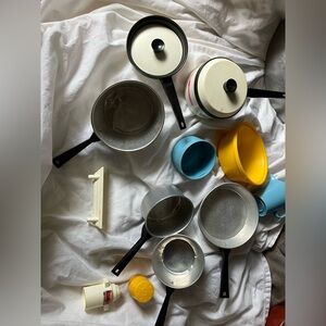 Vintage kitchen toys pans lids bowls pitcher, some Fisher Price & Chilton Globe